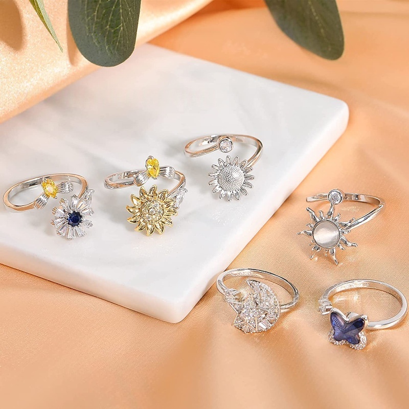 Rotatable Fidget Spinner Ring Womens Open Adjustable Anxiety Relief Rings